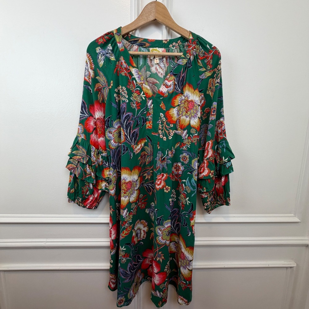 Fig and Flower Green Floral Butterfly Ruffle Sleeve Mini Dress Womens Medium NWT